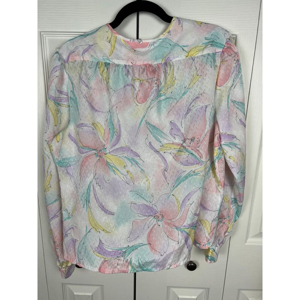Vintage 70s White Watercolor Floral Pastel Metallic Secretary Blouse Size Large‎ - Picture 10 of 10